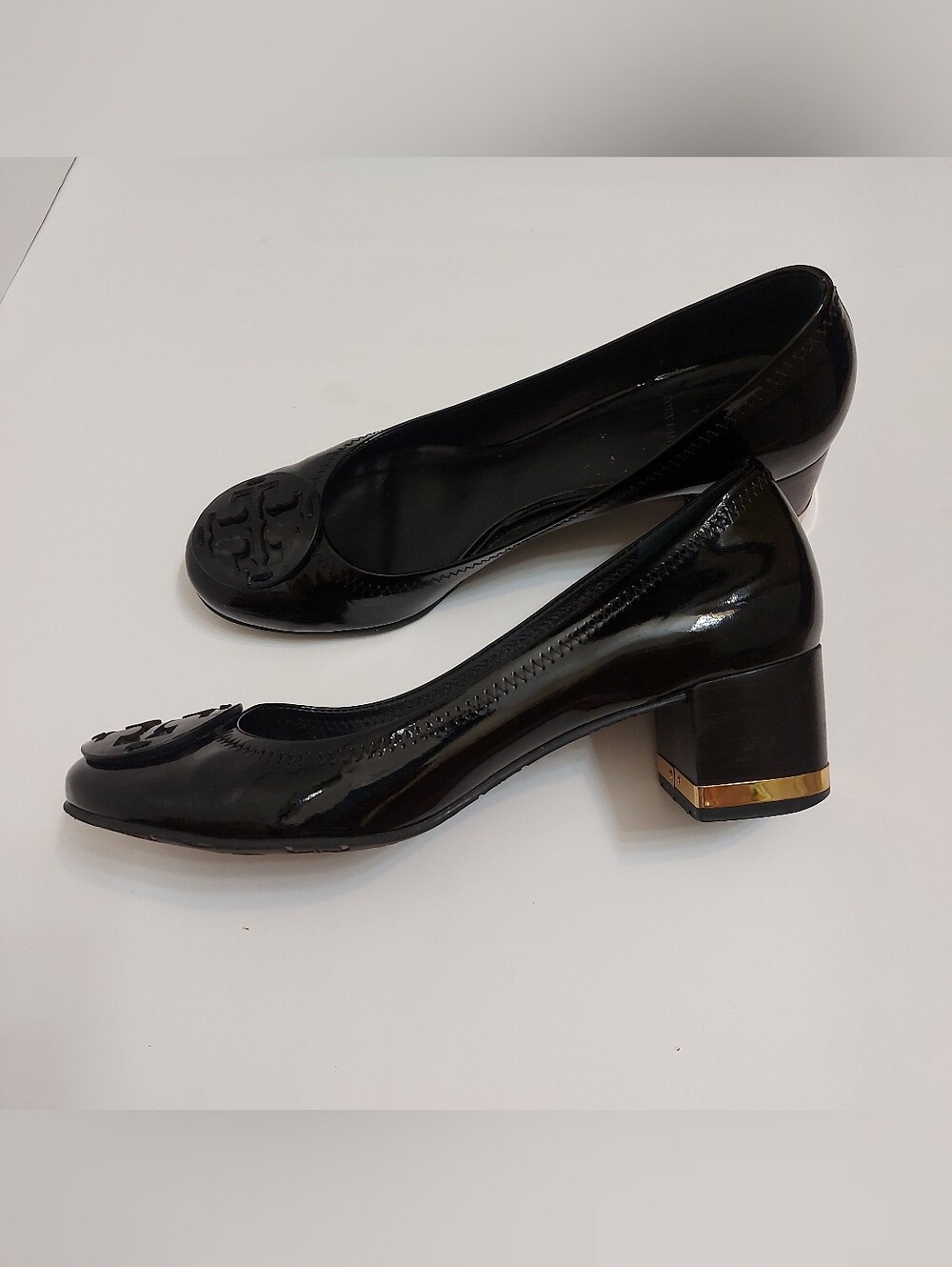 Tory Burch Black Patent Logo Block-Heel Pumps